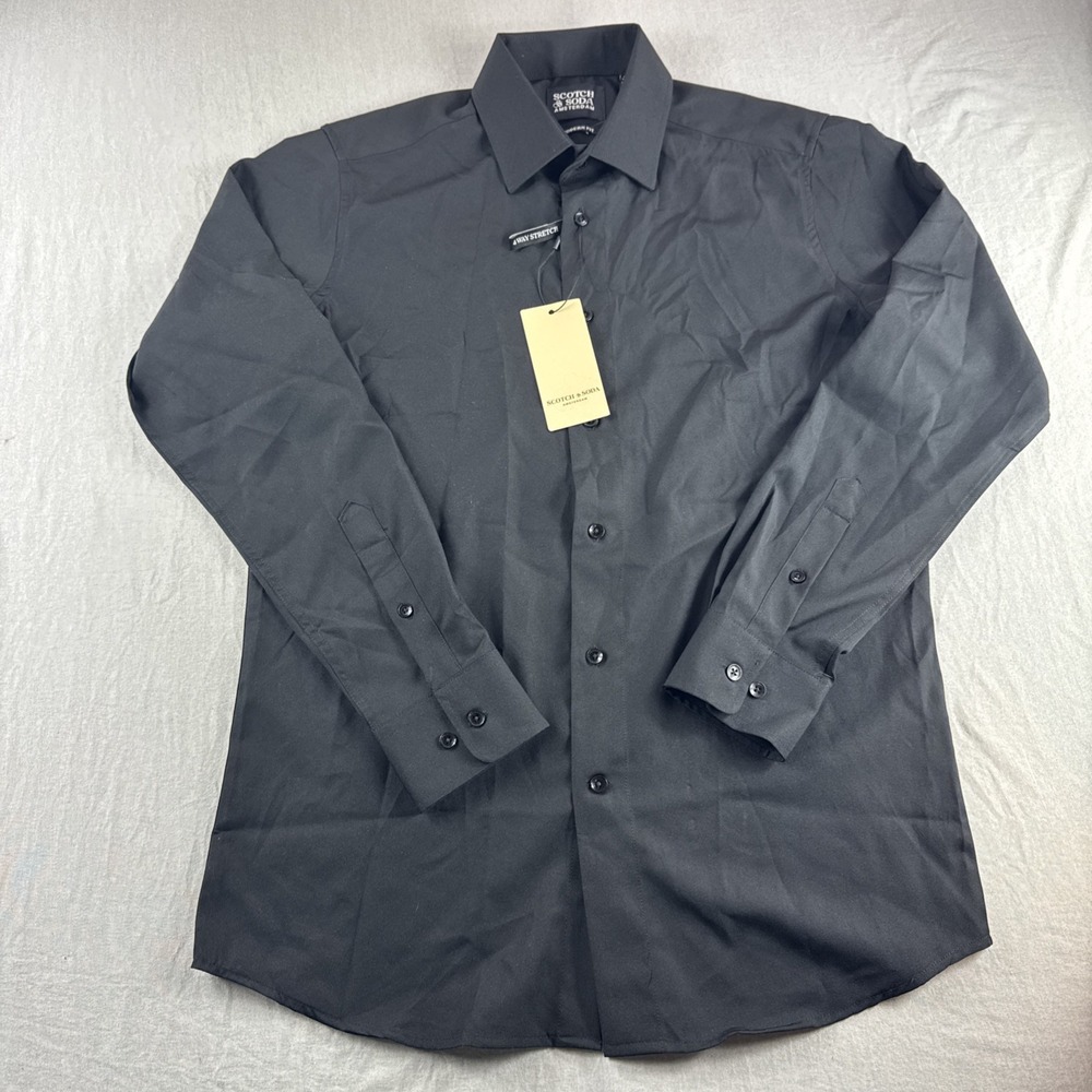 Scotch Soda Dress Shirt Mens 15.5 Black Modern Fit Long Sleeve 4-Way Stretch NEW